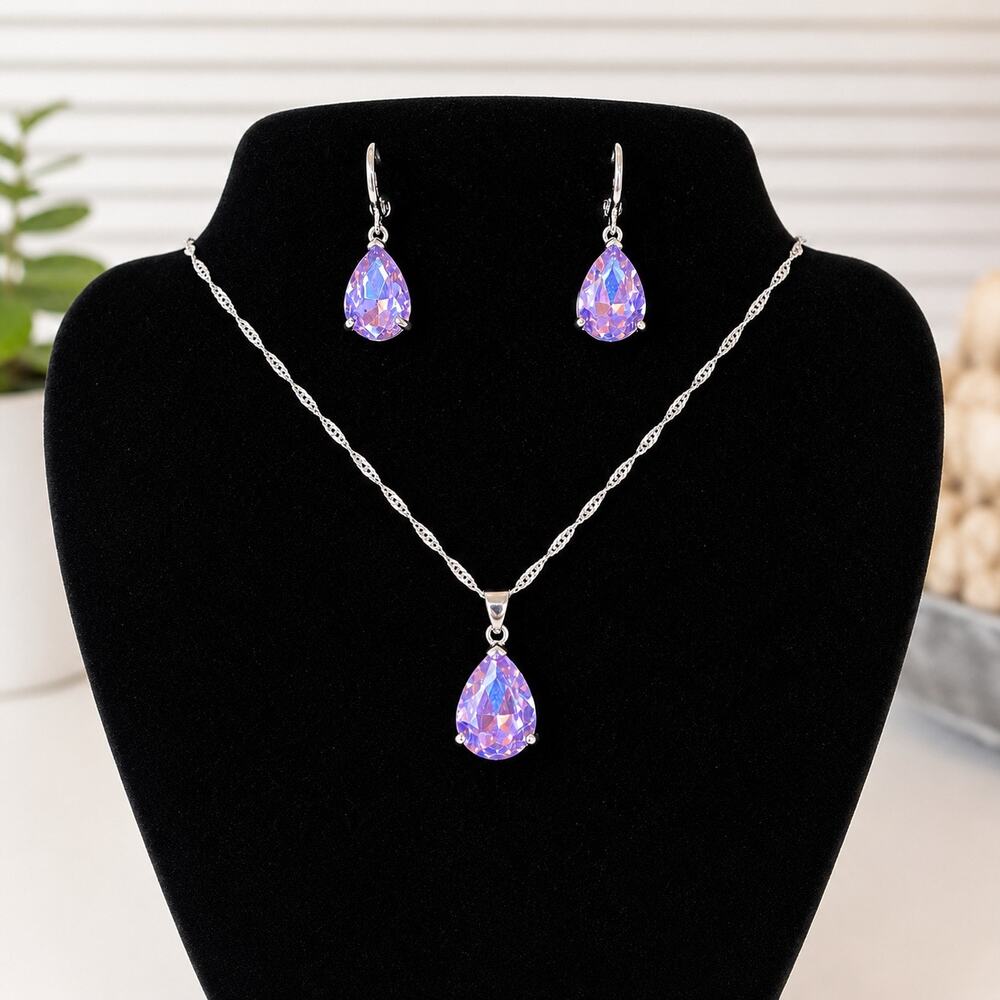 Lavender AB Crystal Teardrop Necklace & Earrings Set Silver Tone Rhinestone